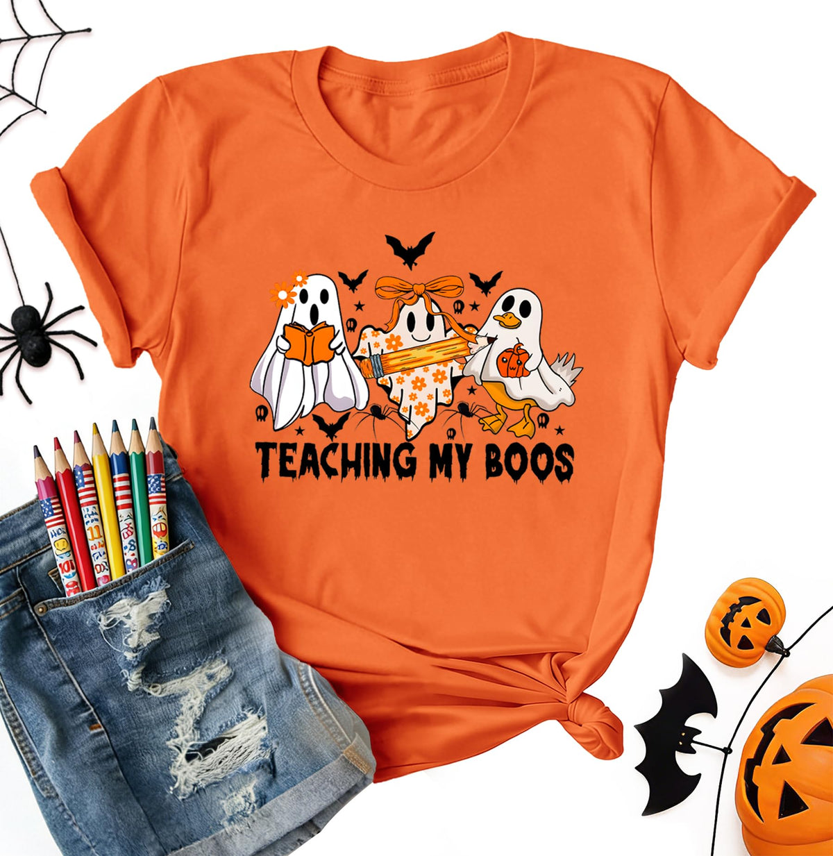 Teacher Halloween Shirts for Women Funny Ghost Graphic Print Tops