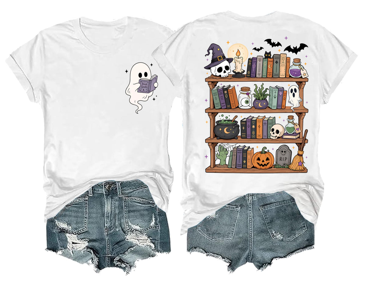 Halloween Shirts for Women Ghost Reading Book T-Shirt Teacher Tee Tops