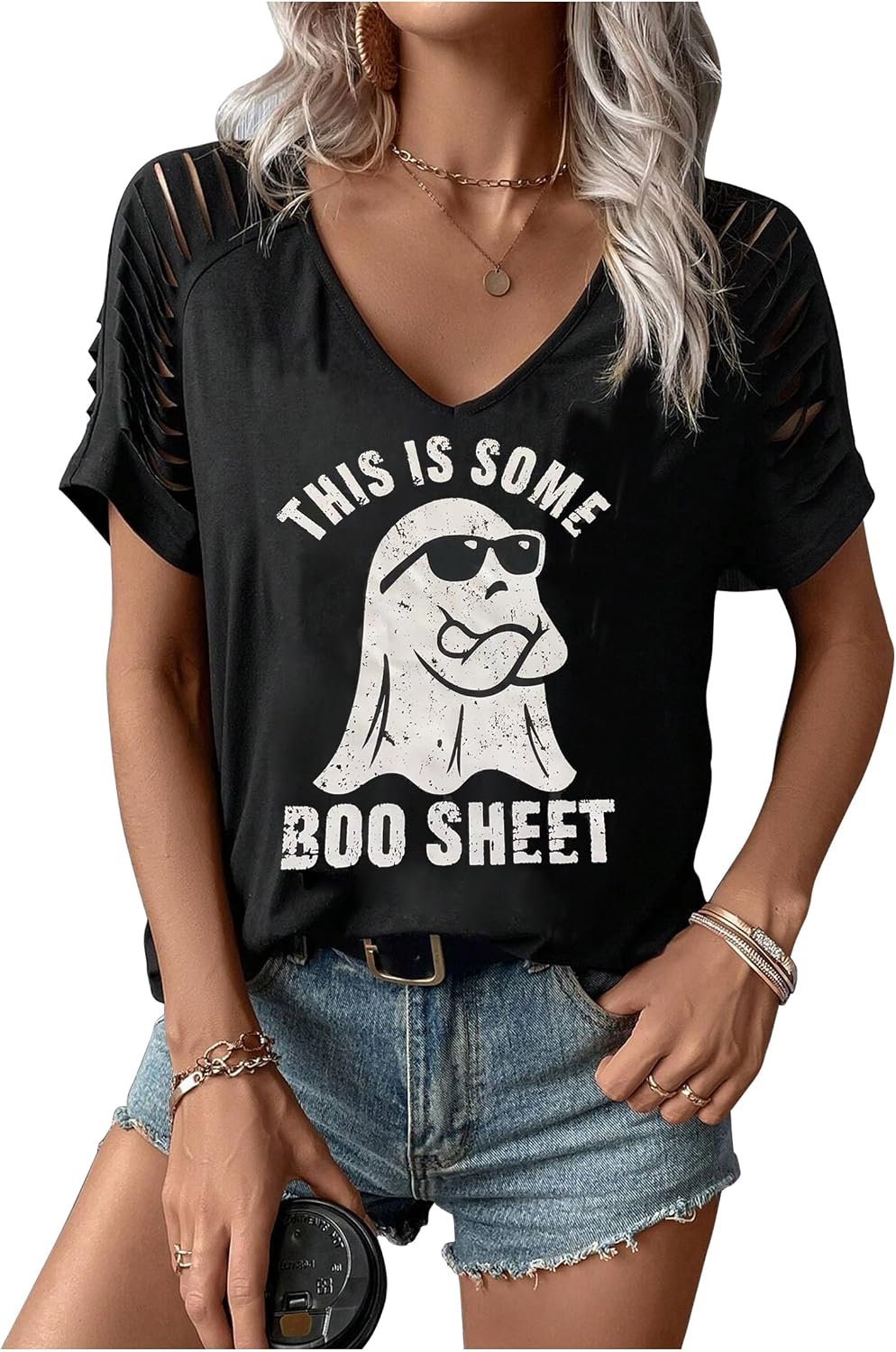 Womens Fall Halloween Thanksgiving V Neck Shirt Vintage Short Sleeve Western Shirts Cut Out Cold Shoulder T Shirts