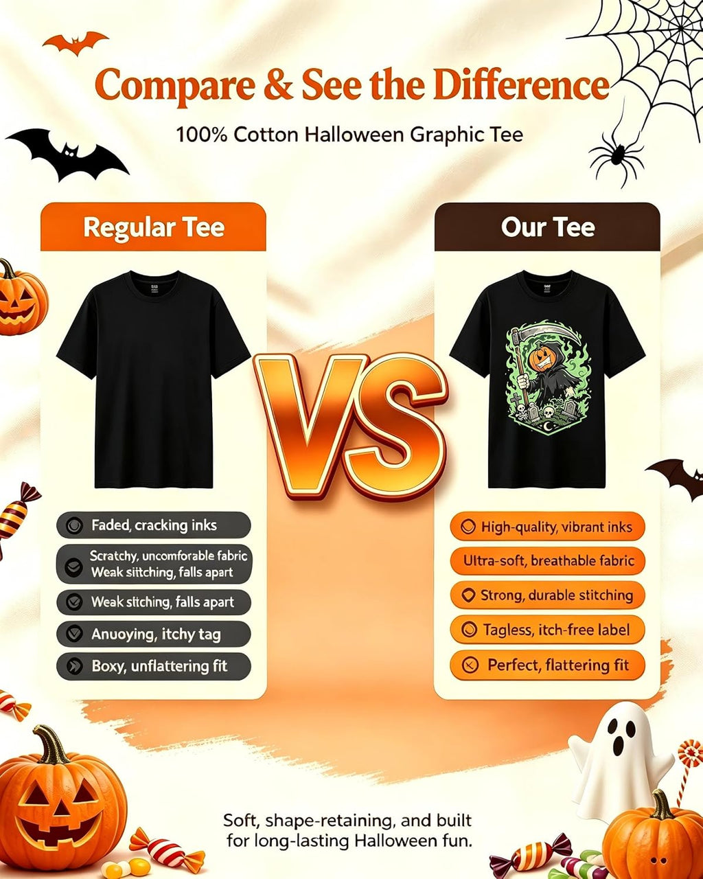 Halloween Pumpkin Bow T-Shirt Unique Graphic Tee for Women Holiday Wear