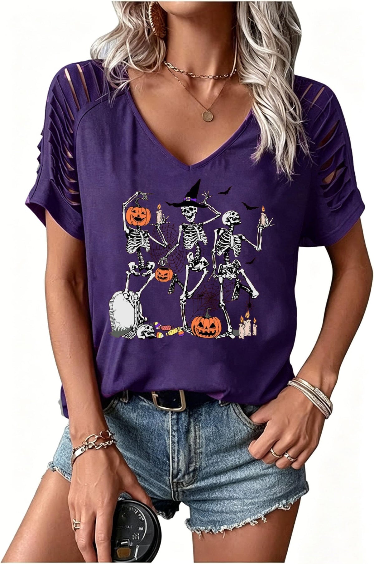 Womens Fall Halloween Thanksgiving V Neck Shirt Vintage Short Sleeve Western Shirts Cut Out Cold Shoulder T Shirts