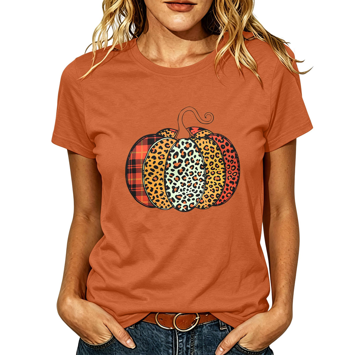 Women Leopard Pumpkin Halloween Shirt Fall Spooky Season Graphic Tee