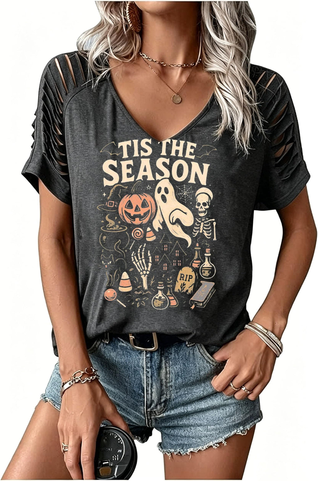 Womens Fall Halloween Thanksgiving V Neck Shirt Vintage Short Sleeve Western Shirts Cut Out Cold Shoulder T Shirts
