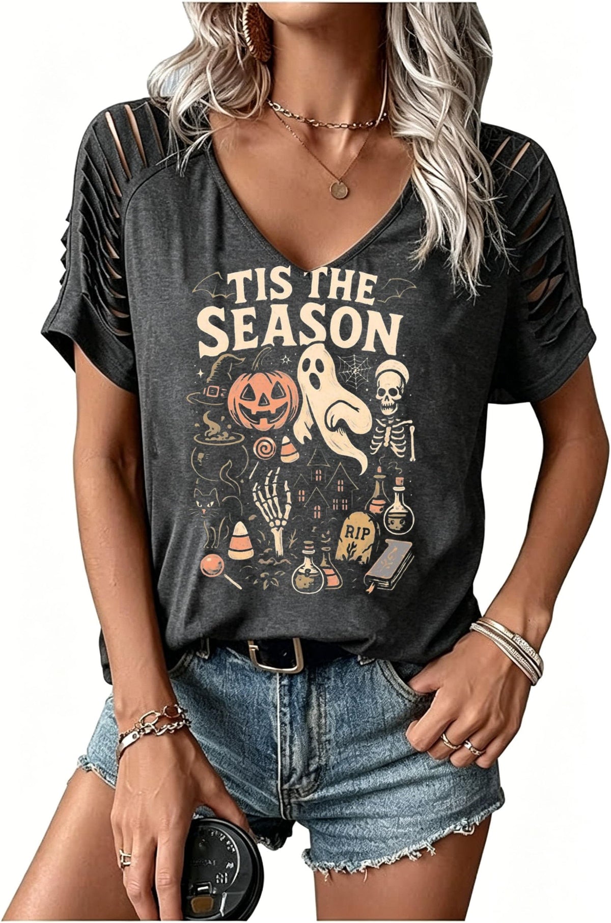 Womens Fall Halloween Thanksgiving V Neck Shirt Vintage Short Sleeve Western Shirts Cut Out Cold Shoulder T Shirts