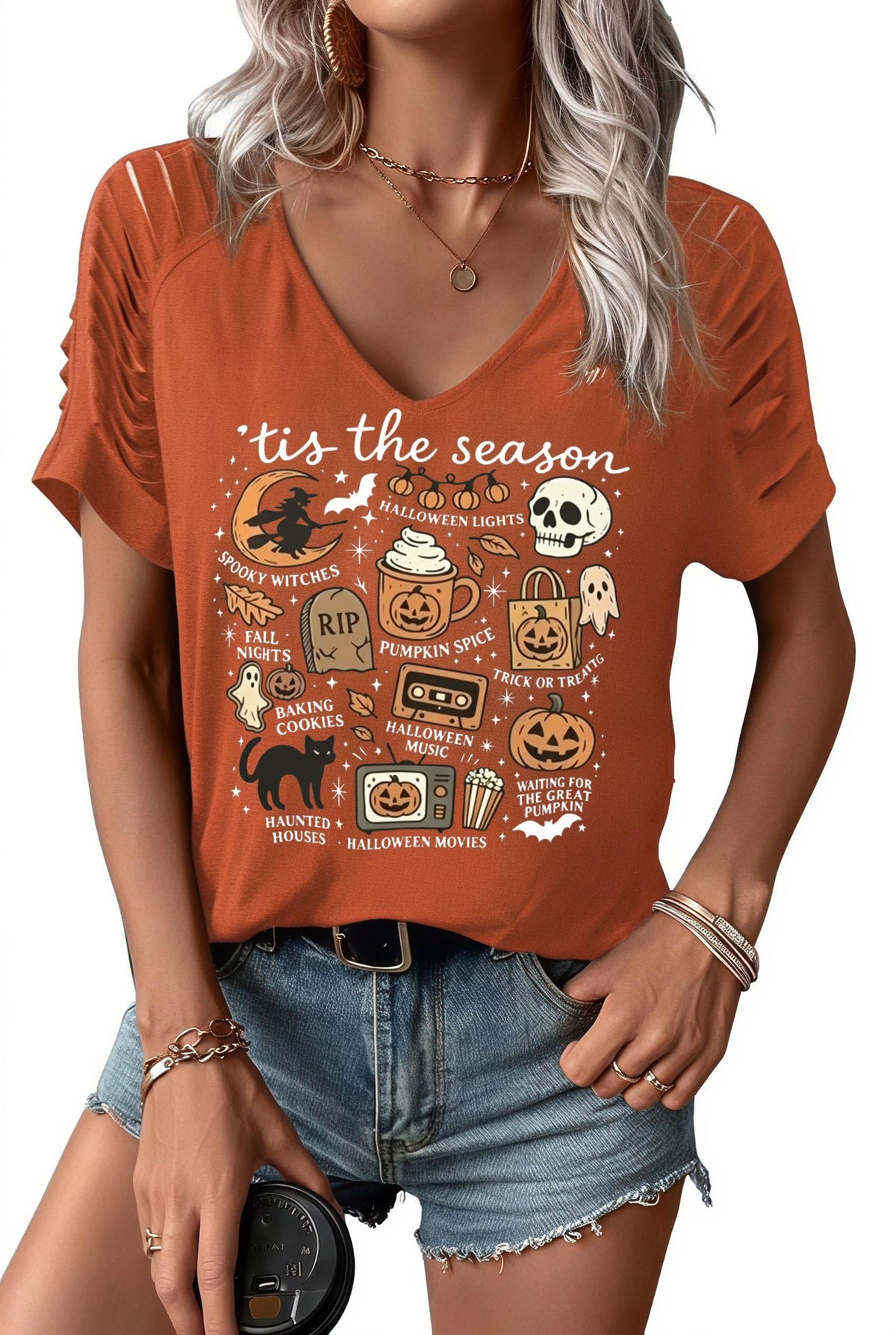 Womens Fall Halloween Thanksgiving V Neck Shirt Vintage Short Sleeve Western Shirts Cut Out Cold Shoulder T Shirts