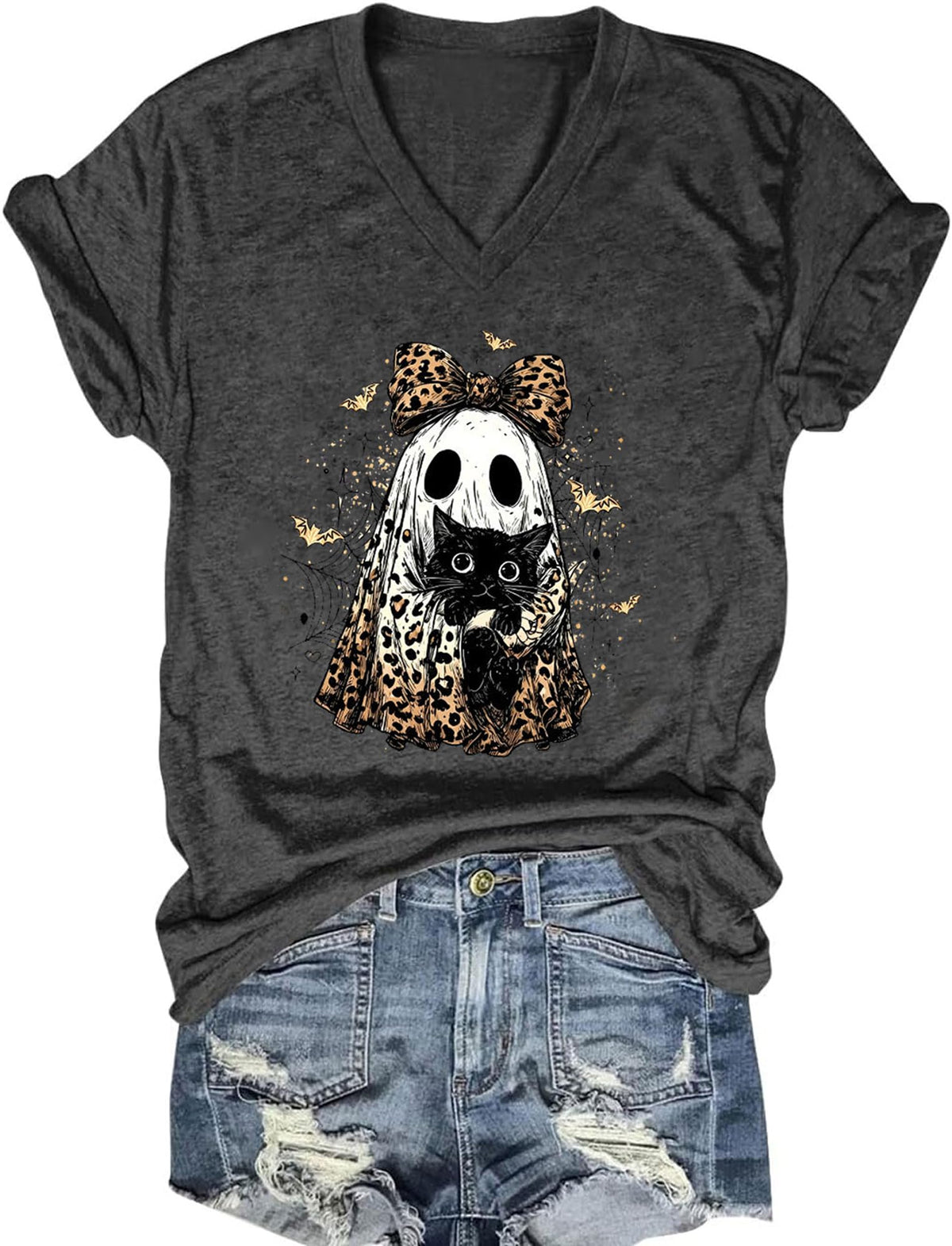 Fall V Neck T-Shirts Women Halloween Graphic Shirts Cute Pumpkin Ghost Tees Funny Holiday Family Short Sleeves Tops