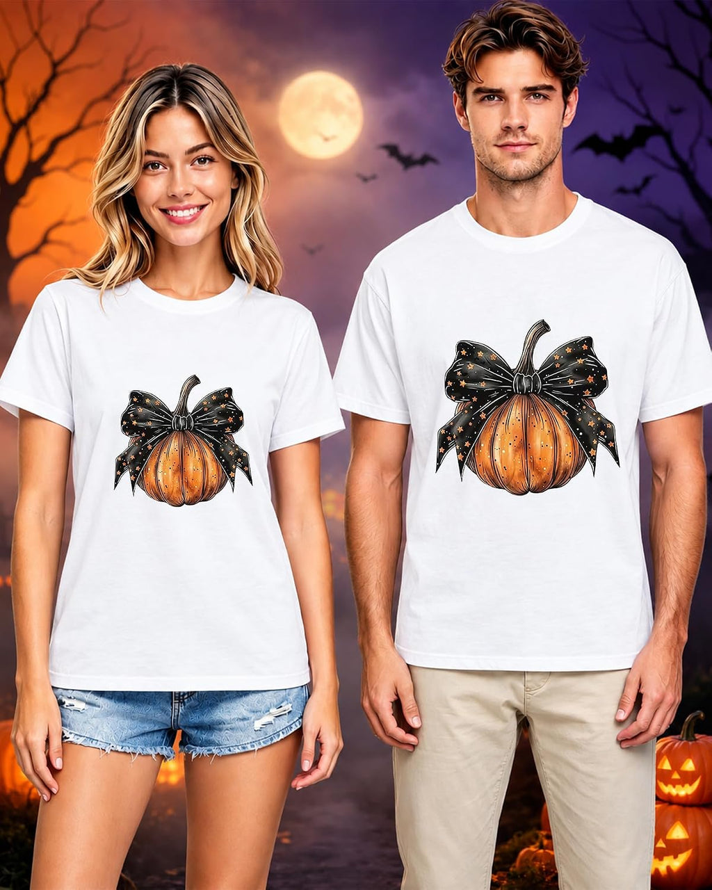 Halloween Pumpkin Bow T-Shirt Unique Graphic Tee for Women Holiday Wear