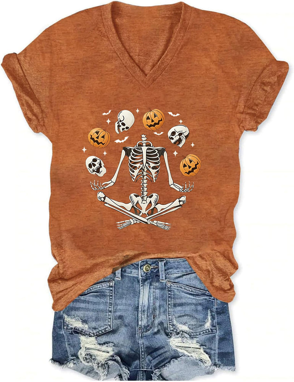Fall V Neck T-Shirts Women Halloween Graphic Shirts Cute Pumpkin Ghost Tees Funny Holiday Family Short Sleeves Tops