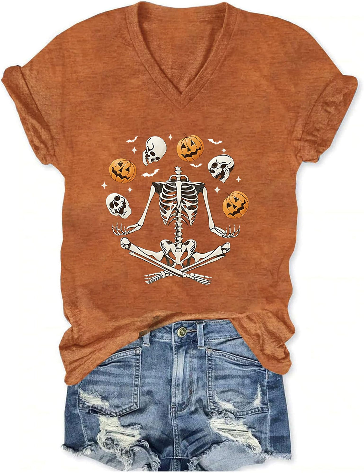 Fall V Neck T-Shirts Women Halloween Graphic Shirts Cute Pumpkin Ghost Tees Funny Holiday Family Short Sleeves Tops