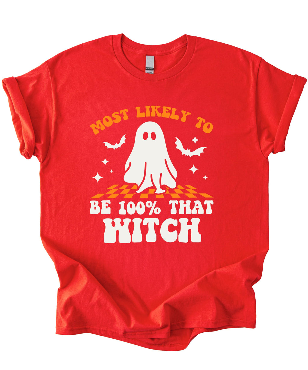 Most Likely to Be 100% that Witch T Shirt, Retro Cartoon Halloween Graphic Tee, Spooky Season Party Shirt Men Women