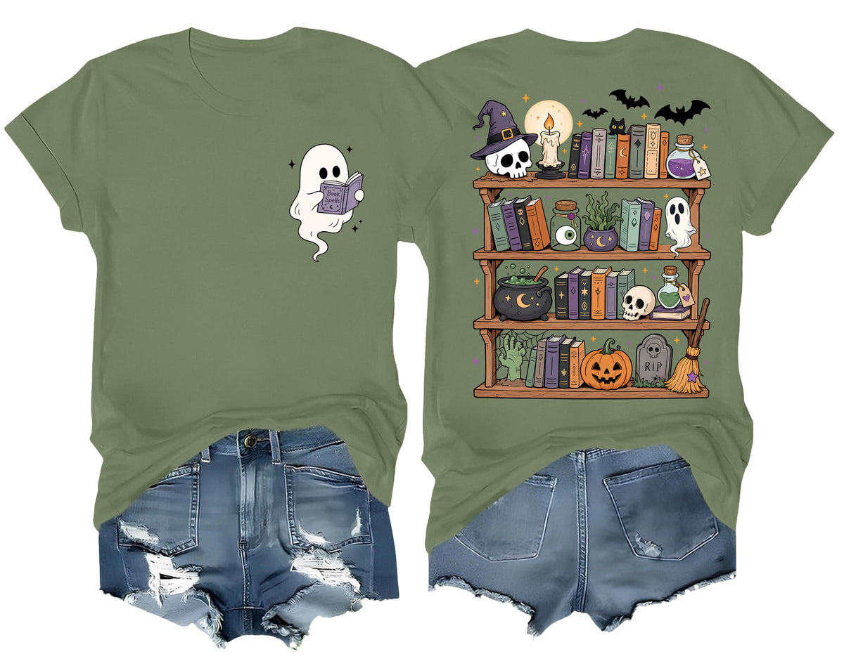 Halloween Shirts for Women Ghost Reading Book T-Shirt Teacher Tee Tops