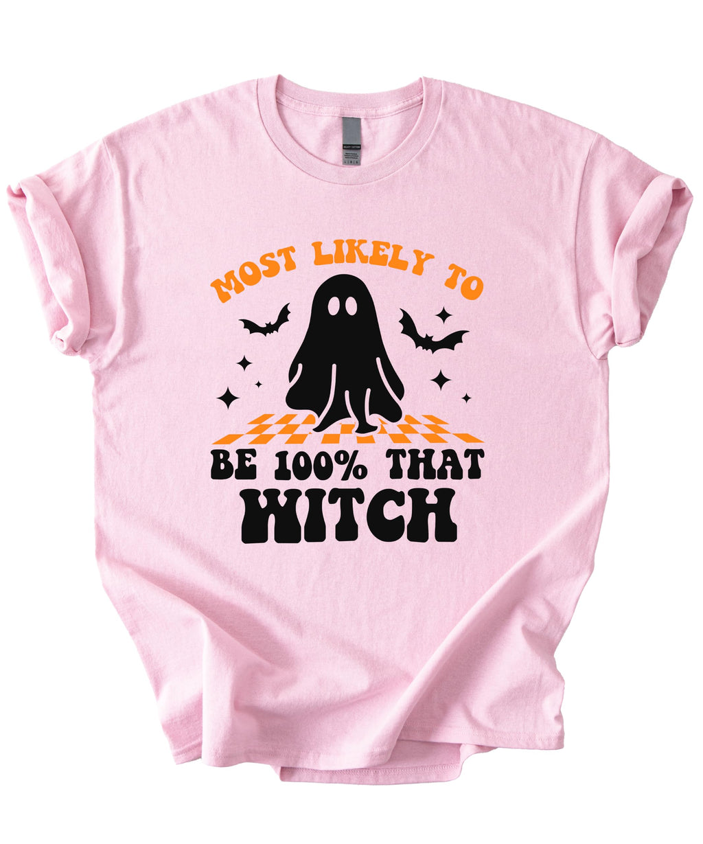 Most Likely to Be 100% that Witch T Shirt, Retro Cartoon Halloween Graphic Tee, Spooky Season Party Shirt Men Women