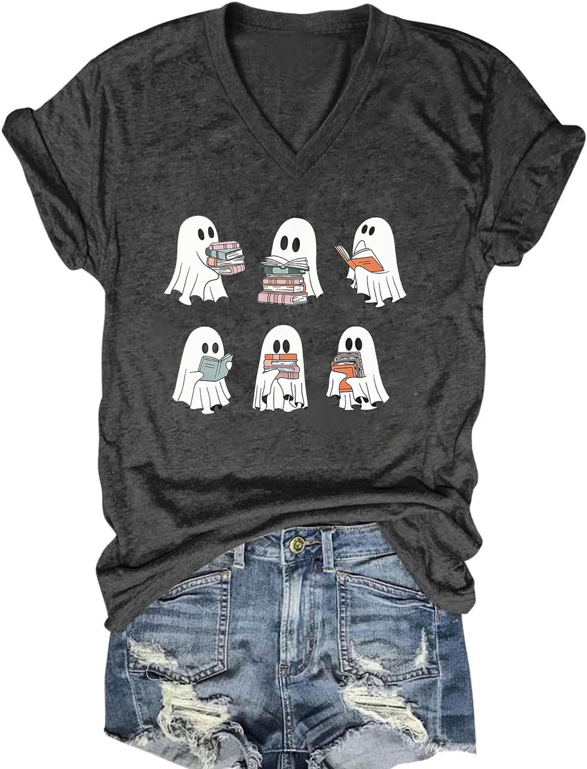 Fall V Neck T-Shirts Women Halloween Graphic Shirts Cute Pumpkin Ghost Tees Funny Holiday Family Short Sleeves Tops
