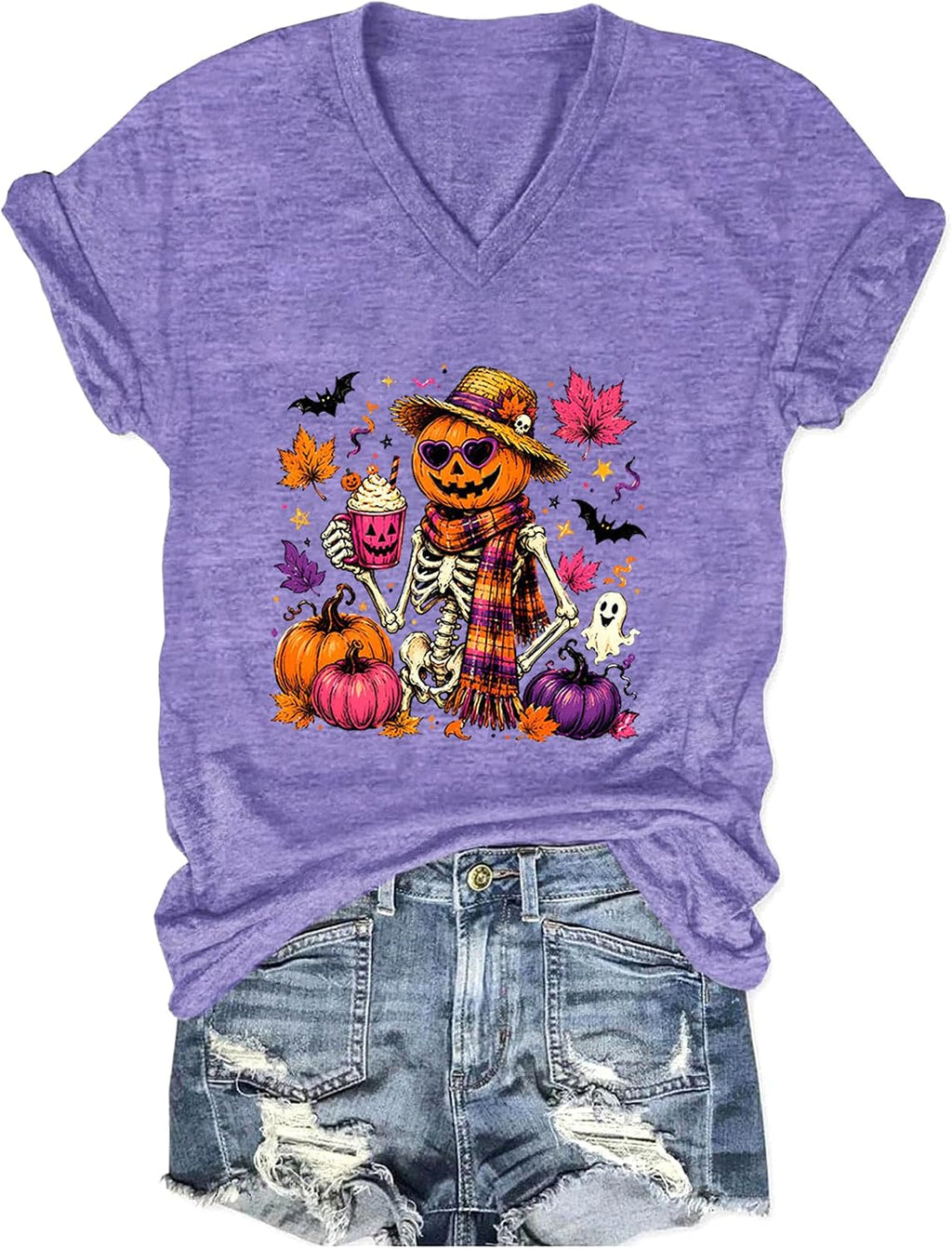 Fall V Neck T-Shirts Women Halloween Graphic Shirts Cute Pumpkin Ghost Tees Funny Holiday Family Short Sleeves Tops