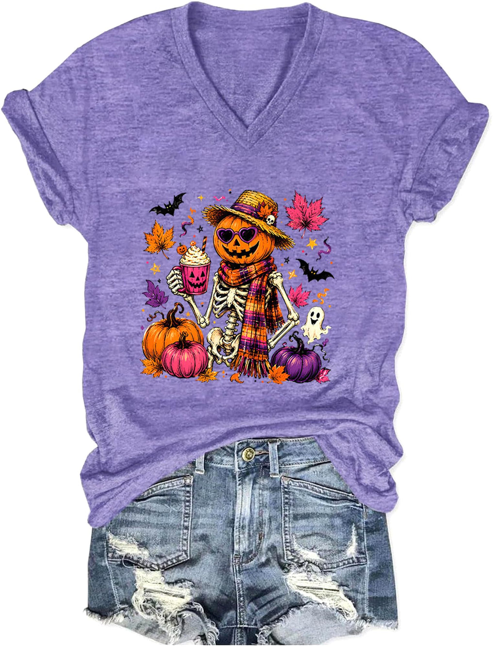 Fall V Neck T-Shirts Women Halloween Graphic Shirts Cute Pumpkin Ghost Tees Funny Holiday Family Short Sleeves Tops