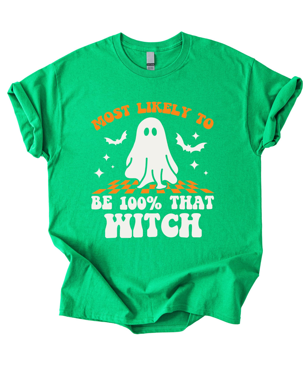 Most Likely to Be 100% that Witch T Shirt, Retro Cartoon Halloween Graphic Tee, Spooky Season Party Shirt Men Women