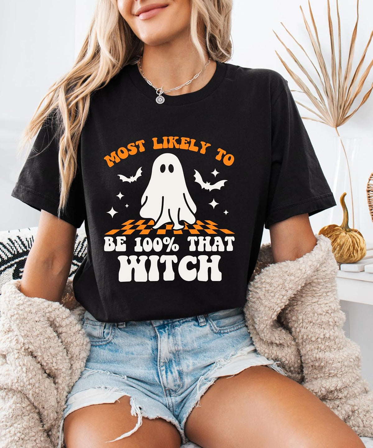 Most Likely to Be 100% that Witch T Shirt, Retro Cartoon Halloween Graphic Tee, Spooky Season Party Shirt Men Women