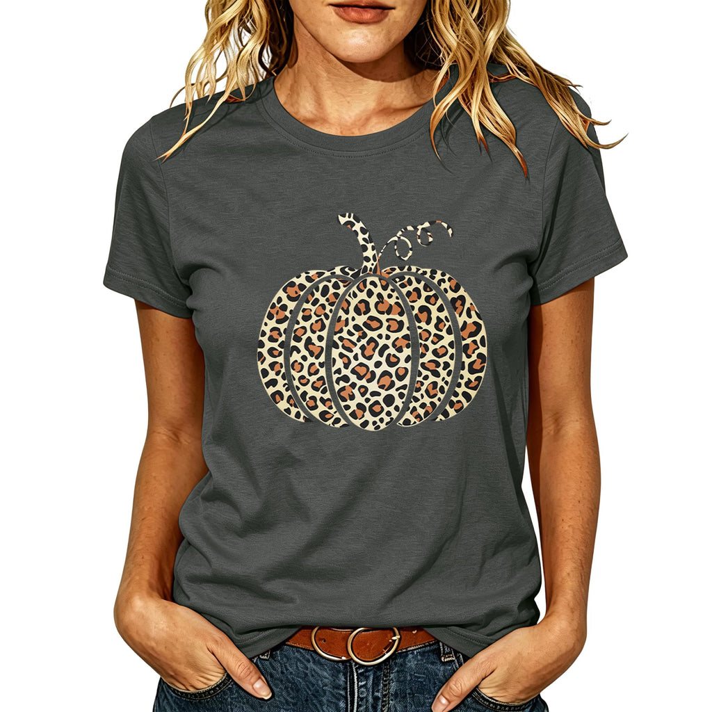 Women Leopard Pumpkin Halloween Shirt Fall Spooky Season Graphic Tee