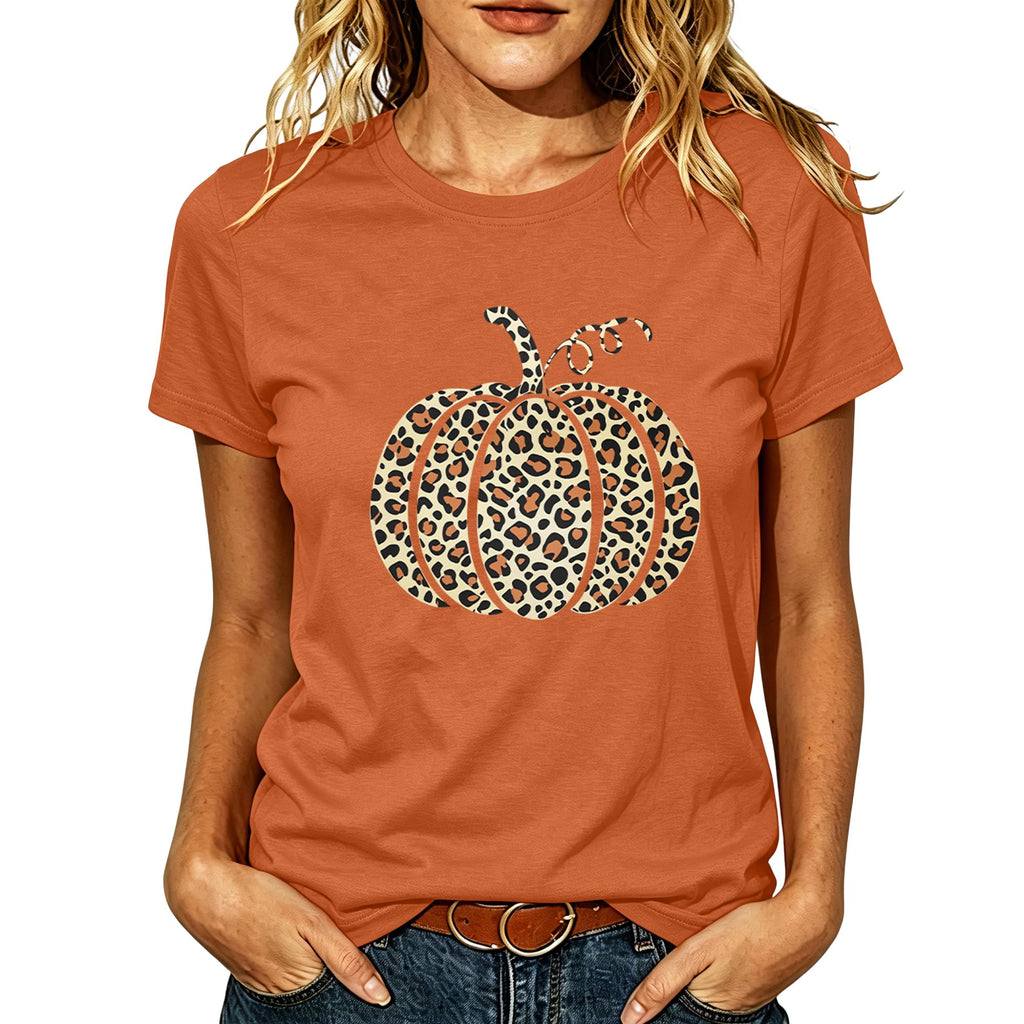 Women Leopard Pumpkin Halloween Shirt Fall Spooky Season Graphic Tee
