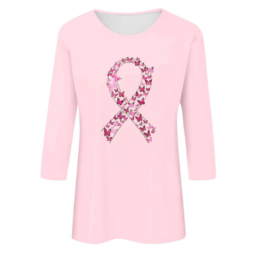VKOYWKM Breast Cancer Awareness Shirts for Women Breast Cancer 3/4 Sleeve Tops Pink Ribbon Graphic Tee Breast Cancer Survivor Shirt