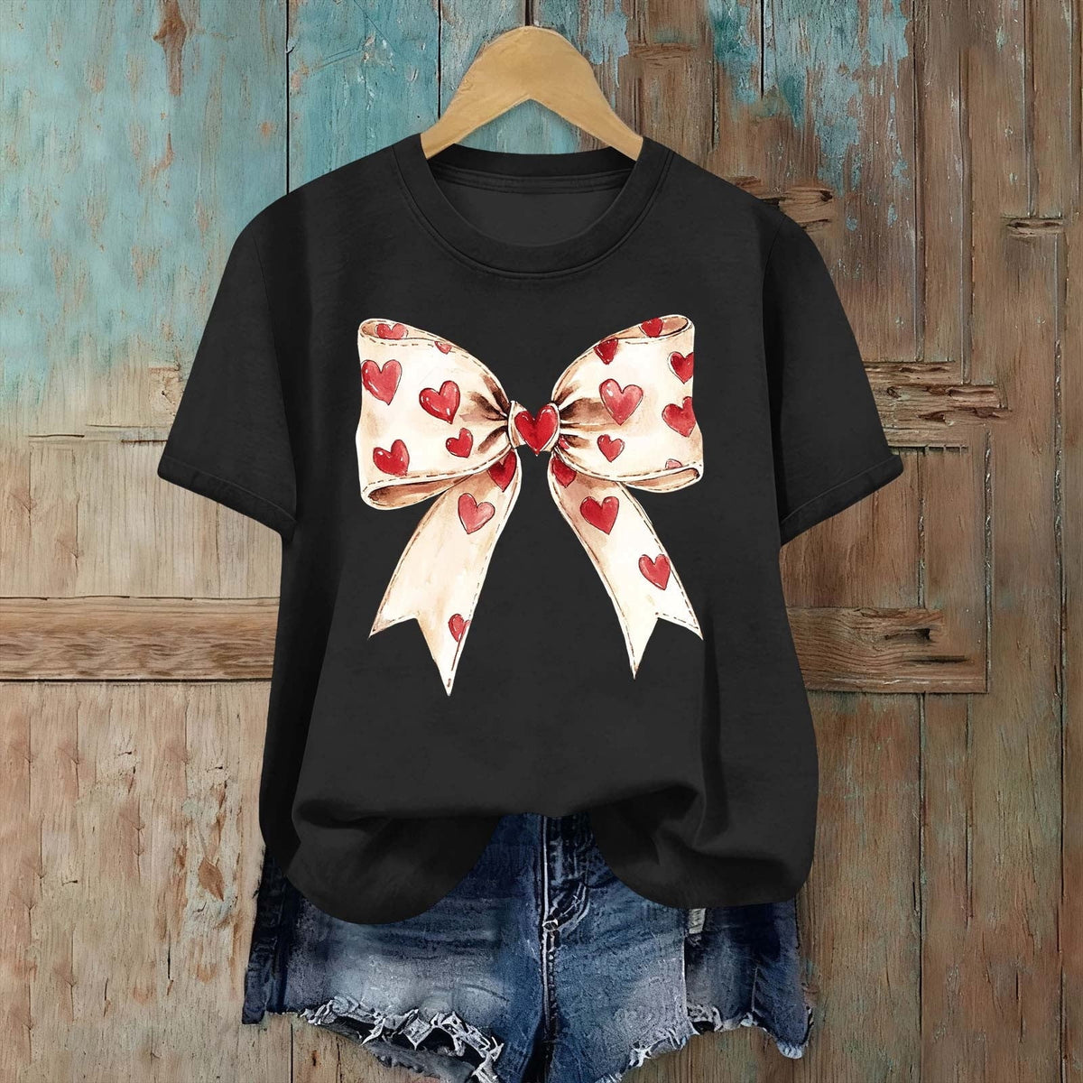 Womens Valentines Tshirts Cute Bow Valentine Day Graphic Tees Pullover Summer Short Sleeve Casual Tee Tops, L Black