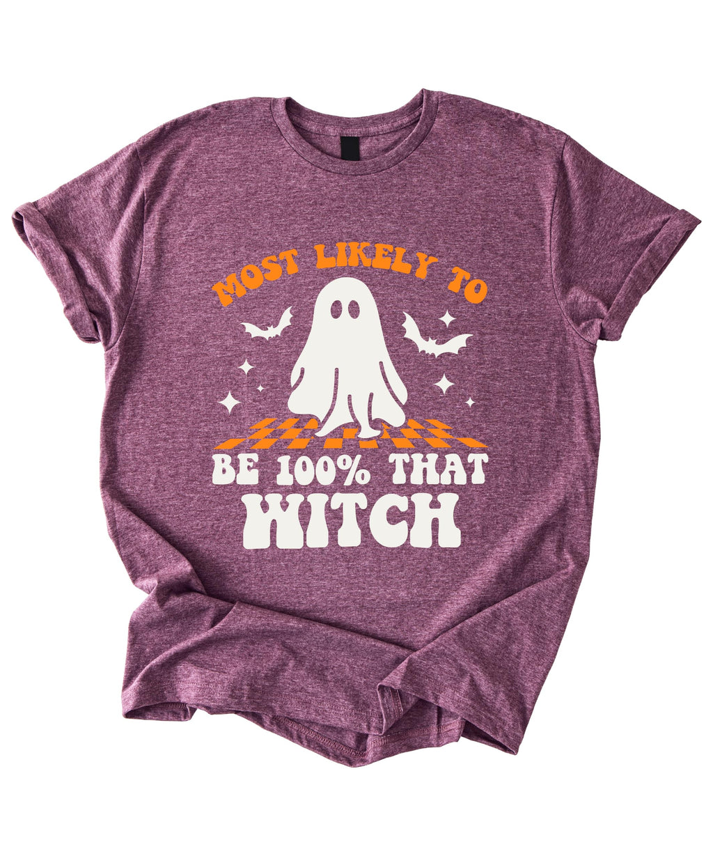 Most Likely to Be 100% that Witch T Shirt, Retro Cartoon Halloween Graphic Tee, Spooky Season Party Shirt Men Women