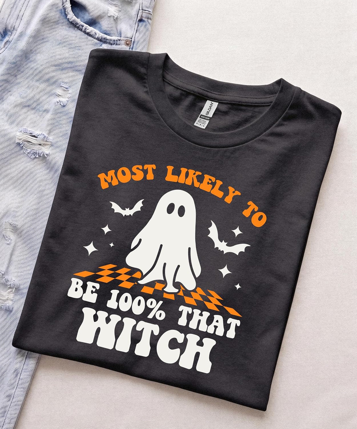 Most Likely to Be 100% that Witch T Shirt, Retro Cartoon Halloween Graphic Tee, Spooky Season Party Shirt Men Women