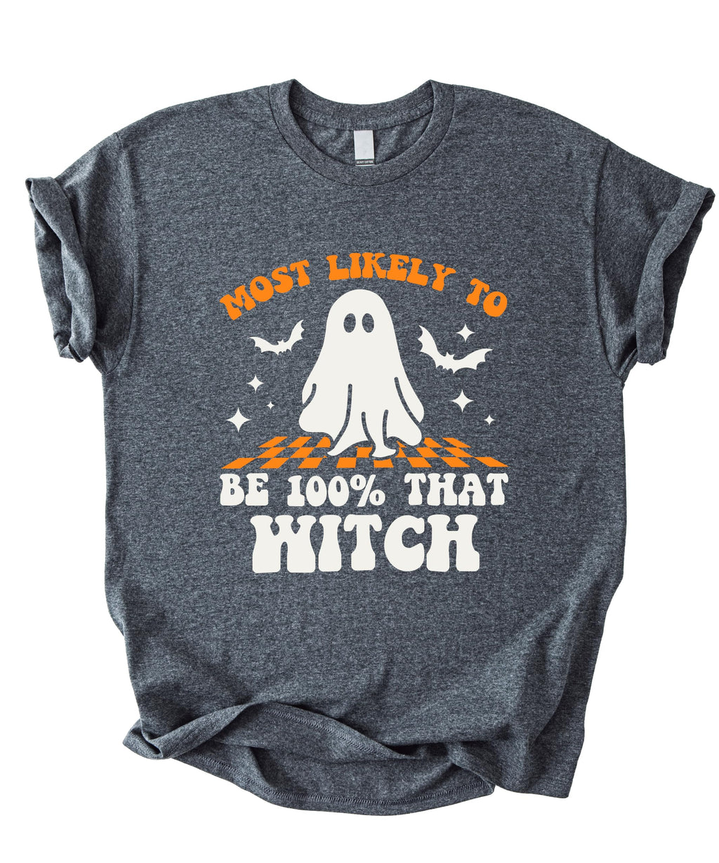 Most Likely to Be 100% that Witch T Shirt, Retro Cartoon Halloween Graphic Tee, Spooky Season Party Shirt Men Women