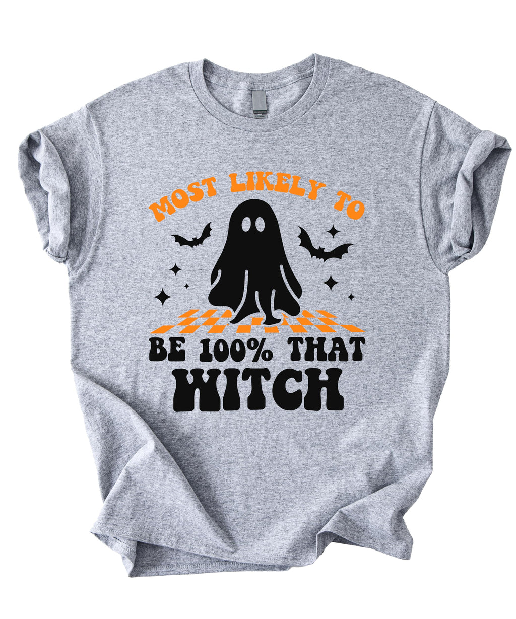 Most Likely to Be 100% that Witch T Shirt, Retro Cartoon Halloween Graphic Tee, Spooky Season Party Shirt Men Women