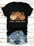 Women's Grateful Thankful Blessed Pumpkin Graphic T-Shirt, Fall Thanksgiving Floral Pumpkin Short Sleeve Crewneck Tee