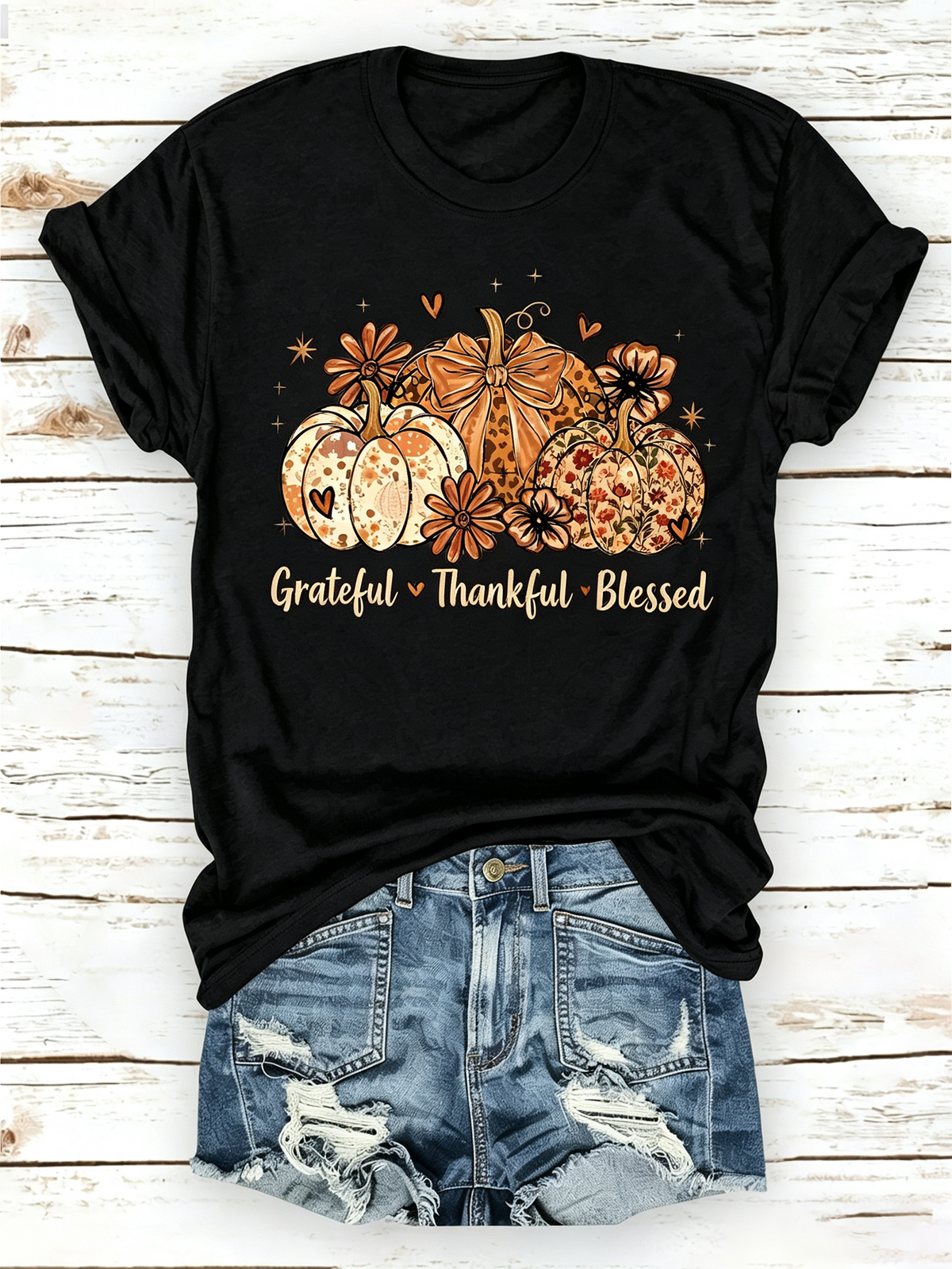 Women's Grateful Thankful Blessed Pumpkin Graphic T-Shirt, Fall Thanksgiving Floral Pumpkin Short Sleeve Crewneck Tee