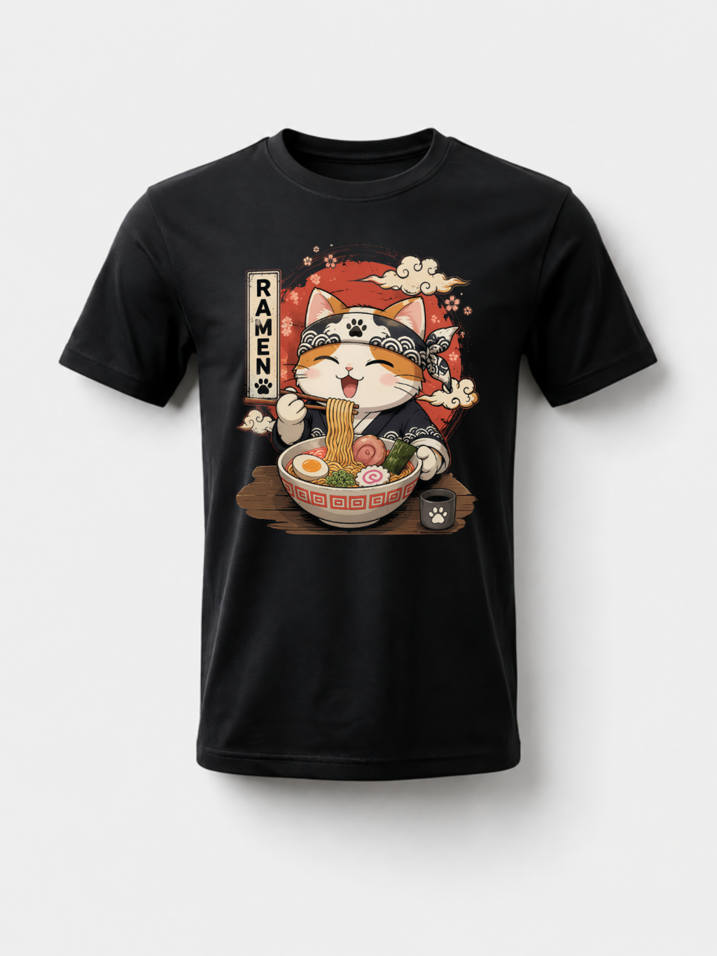 [100% Cotton] Trendy Graphic Funny T-Shirt - Funny Cat Ramen Graphic Tee Japanese Kawaii Anime Cat T-Shirt - Men Women Loose Sports T-Shirt Golf Gift T-Shirt For Men And Women