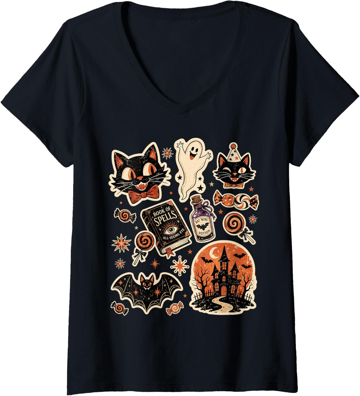 Women's Retro Vintage Halloween Black Cat Ghost Pumpkin Season V-Neck T-Shirt
