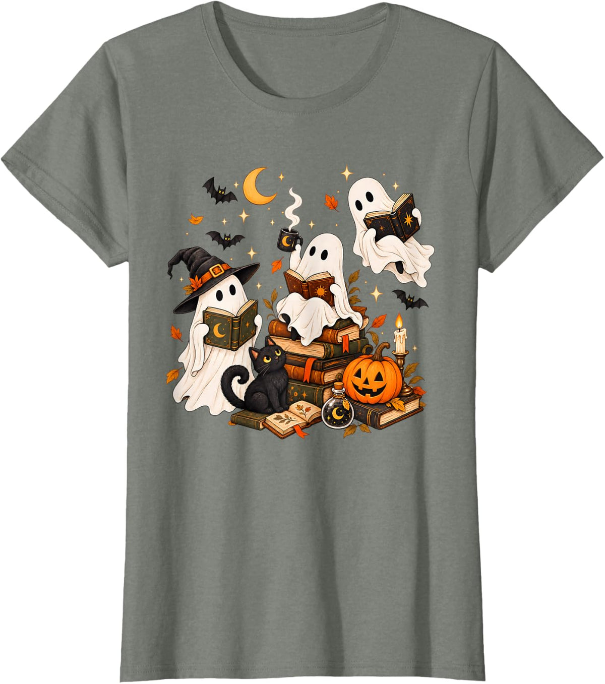 Cute Spooky Ghost Reading Vintage Books Halloween Book Lover T-Shirt