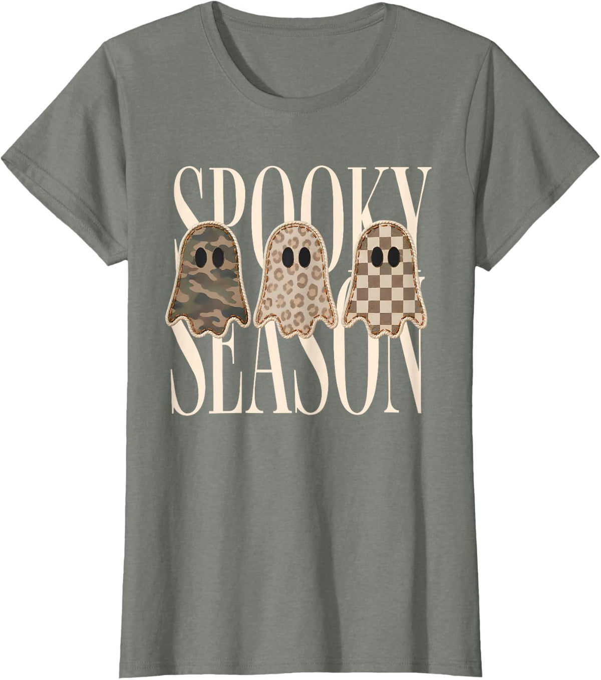 Retro Vintage Spooky Season Leopard Camo Checkered Ghosts T-Shirt