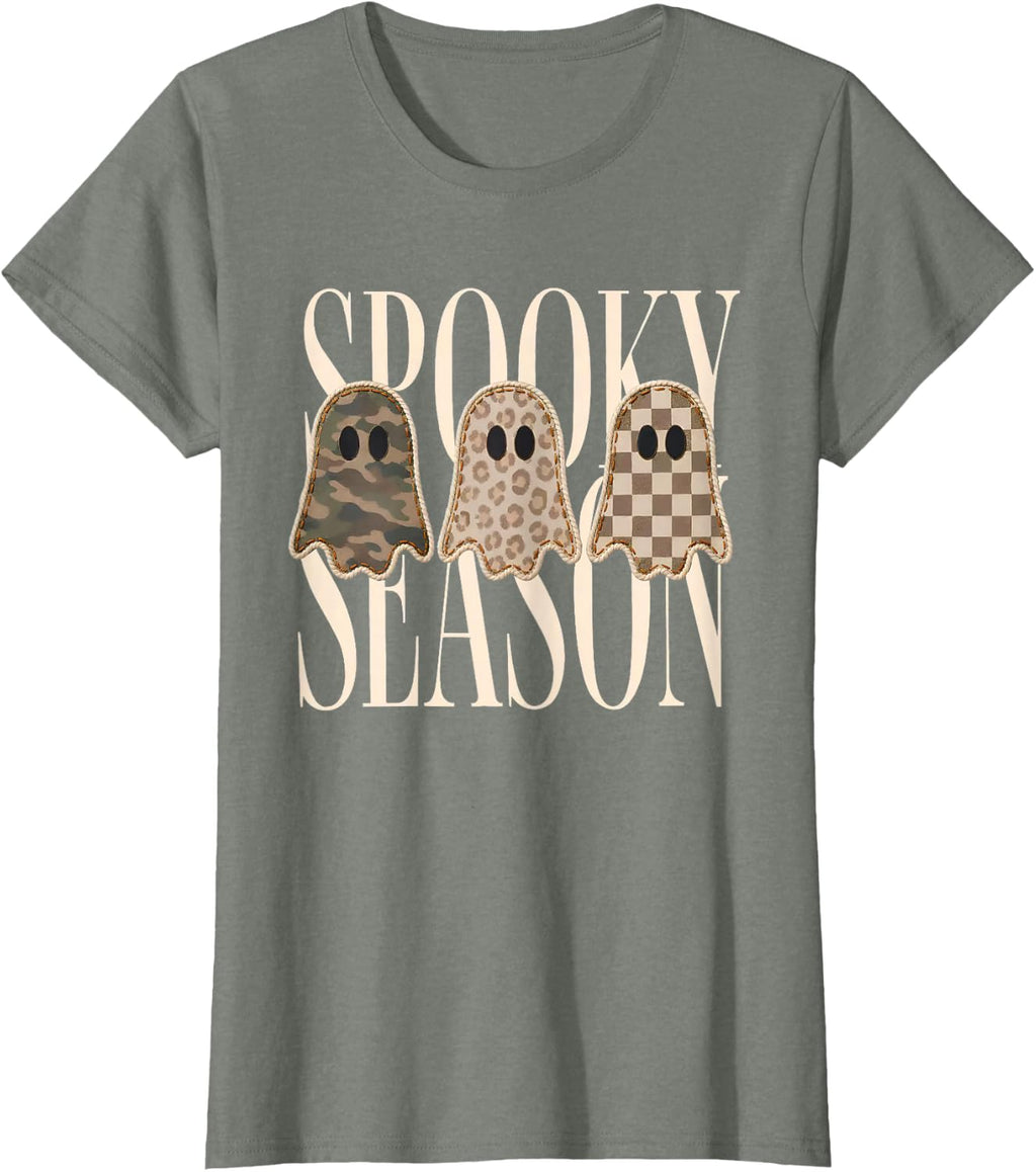 Spooky Season Leopard Camo Checkered Ghost Halloween Fall T-Shirt