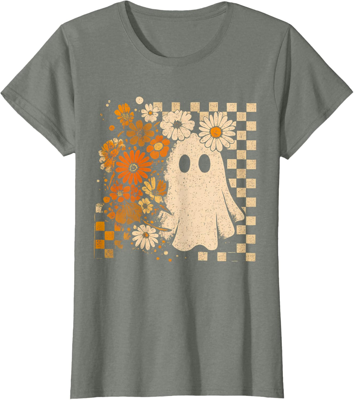 Retro Floral Ghost Checkered Autumn Halloween Women Kids T-Shirt