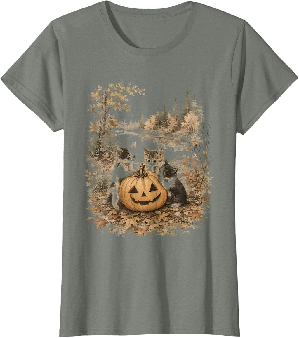 Funny Retro 90s Kitten Black Cats and Pumpkin Halloween T-Shirt