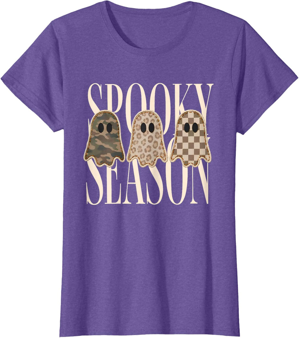 Spooky Season Leopard Camo Checkered Ghost Halloween Fall T-Shirt