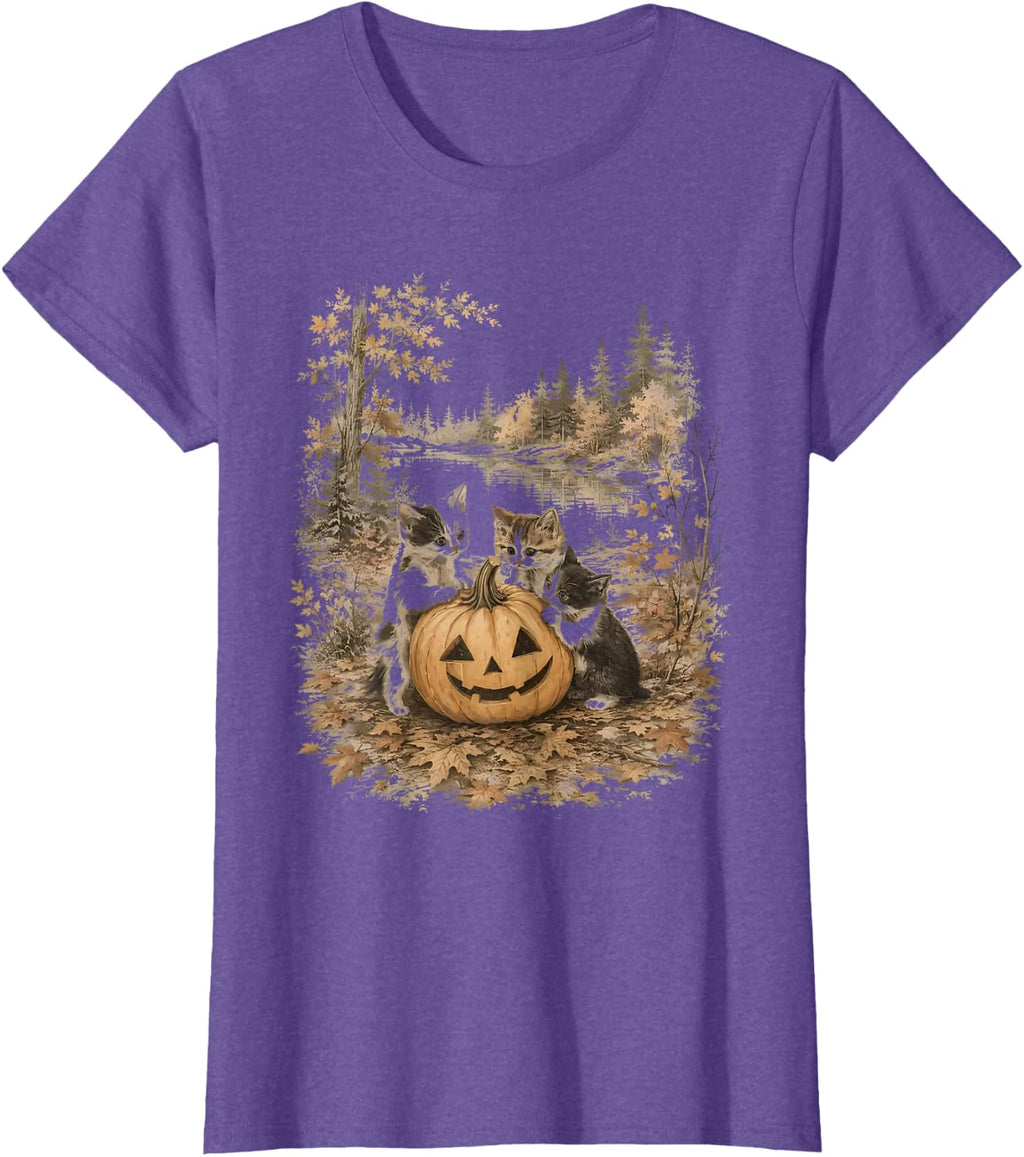 Funny Retro 90s Kitten Black Cats and Pumpkin Halloween T-Shirt
