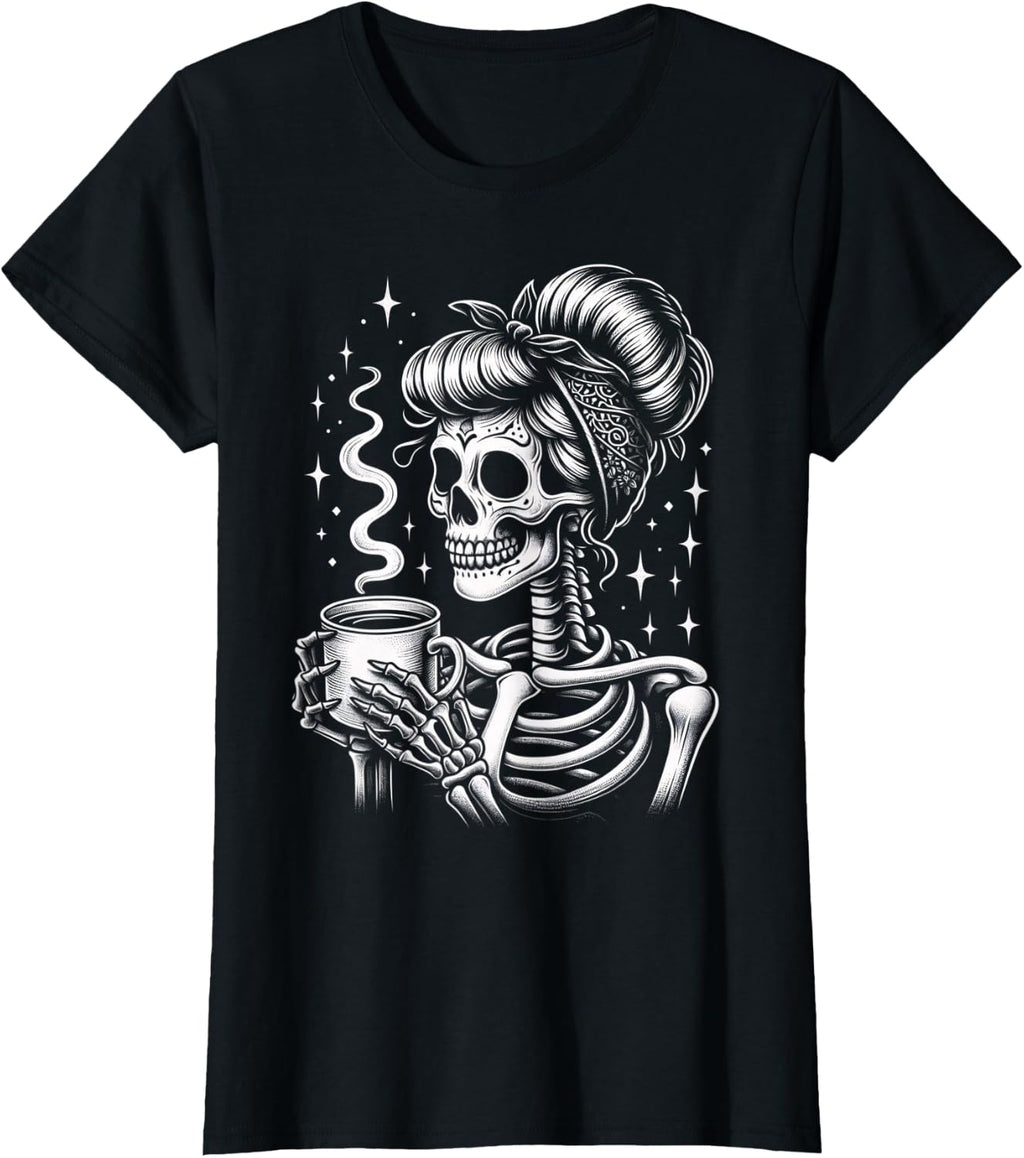 Halloween Skeleton Messy Bun Coffee Funny Costume Mom Women T-Shirt