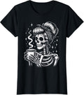 Halloween Skeleton Messy Bun Coffee Funny Costume Mom Women T-Shirt