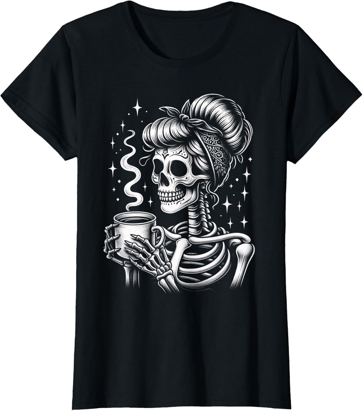 Halloween Skeleton Messy Bun Coffee Funny Costume Mom Women T-Shirt