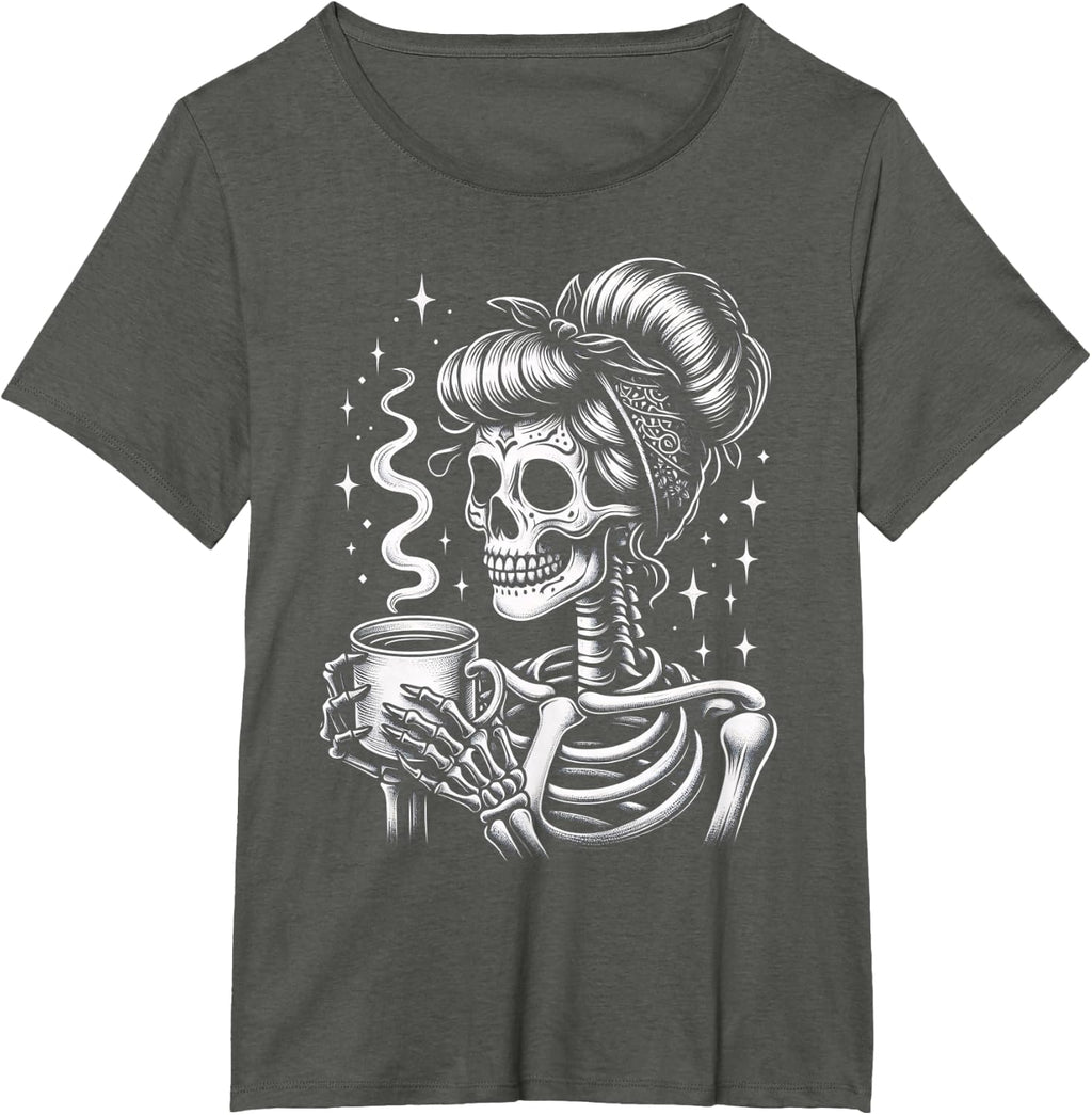 Halloween Skeleton Messy Bun Coffee Funny Costume Mom Women T-Shirt