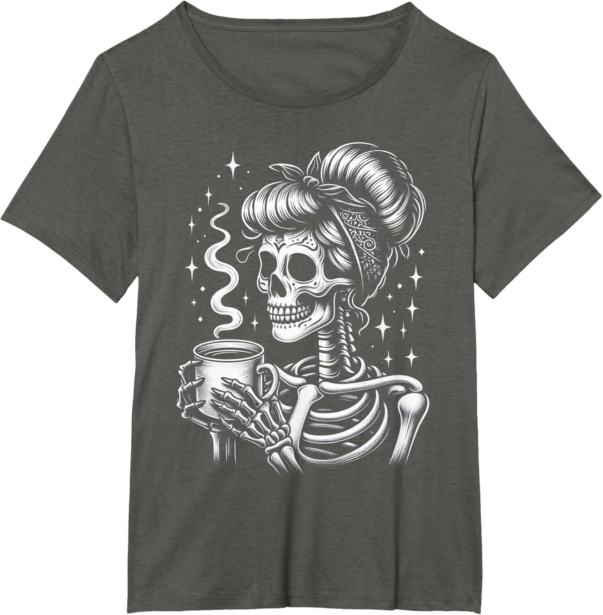 Halloween Skeleton Messy Bun Coffee Funny Costume Mom Women T-Shirt