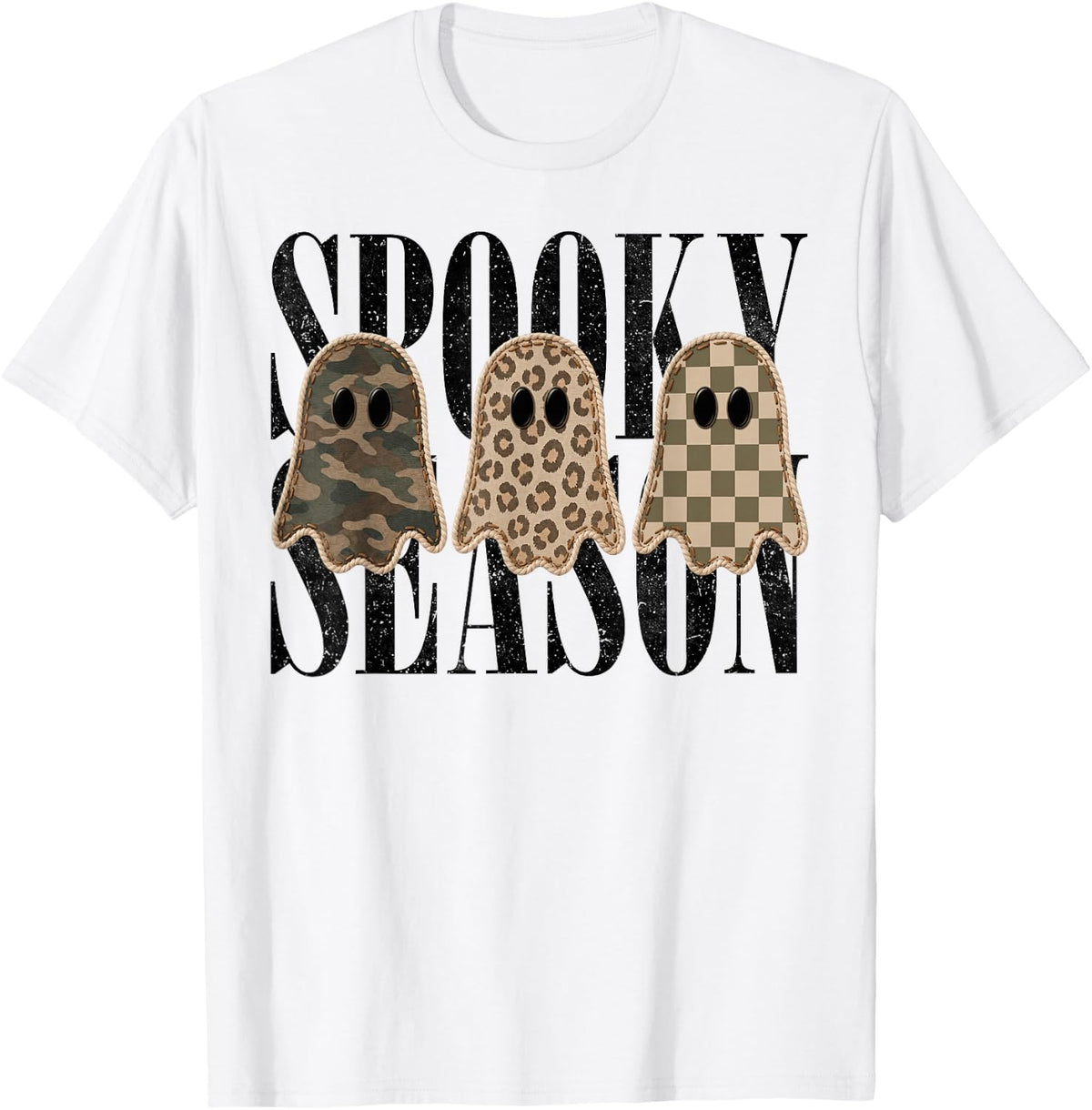 Retro Spooky Ghost Season Cute Leopard Camo Checkered T-Shirt