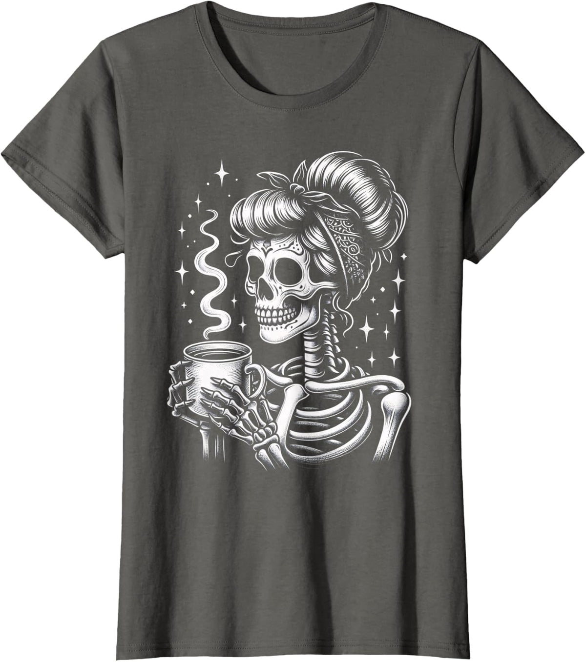 Halloween Skeleton Messy Bun Coffee Funny Costume Mom Women T-Shirt