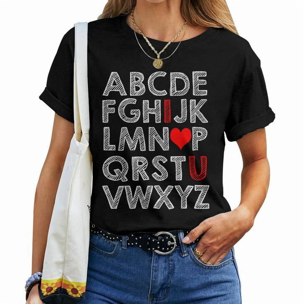 Alphabet ABC I Love You Valentine’s Day Graphic Tee Women Adult Cotton Baby Girl Toddler Cute Family Gift, Size S, Color Black