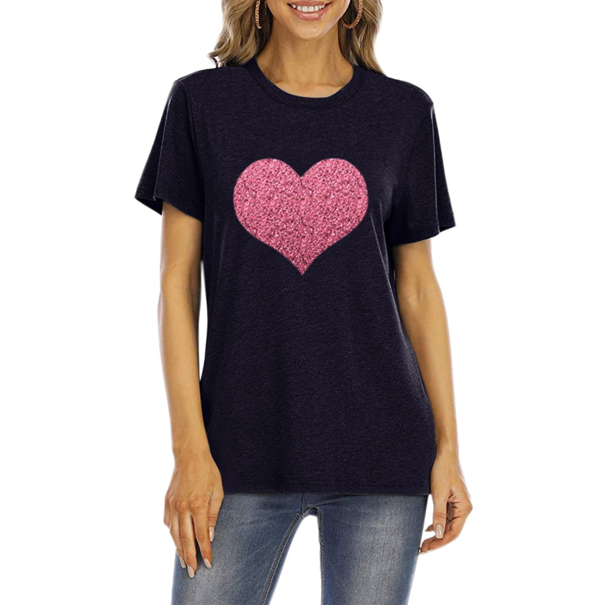 Aofany Womens Plus Size Shirts Women T-Shirt Glittery Heart Graphic Valentine’s Day Short Sleeve Tees Tops