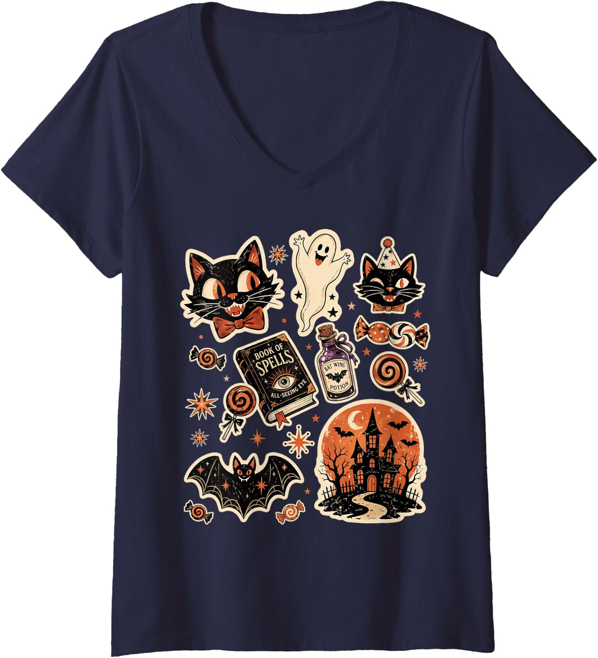 Women's Retro Vintage Halloween Black Cat Ghost Pumpkin Season V-Neck T-Shirt